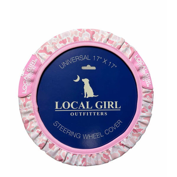 Pink and blue steering wheel cover with 'Local Girl Outfitters' branding on a white background