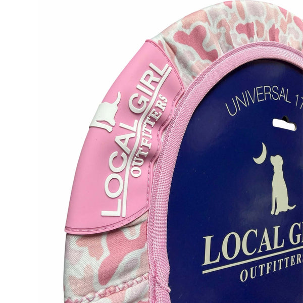 Pink and blue steering wheel cover with 'Local Girl Outfitters' branding on a white background