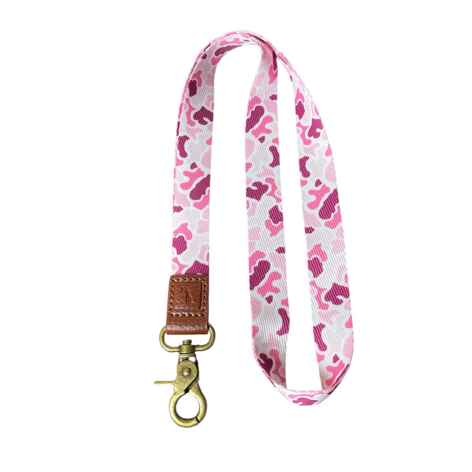 Local Girl Outfitters full lanyard in pink camo with brown faux leather trim and brass swivel clasp.