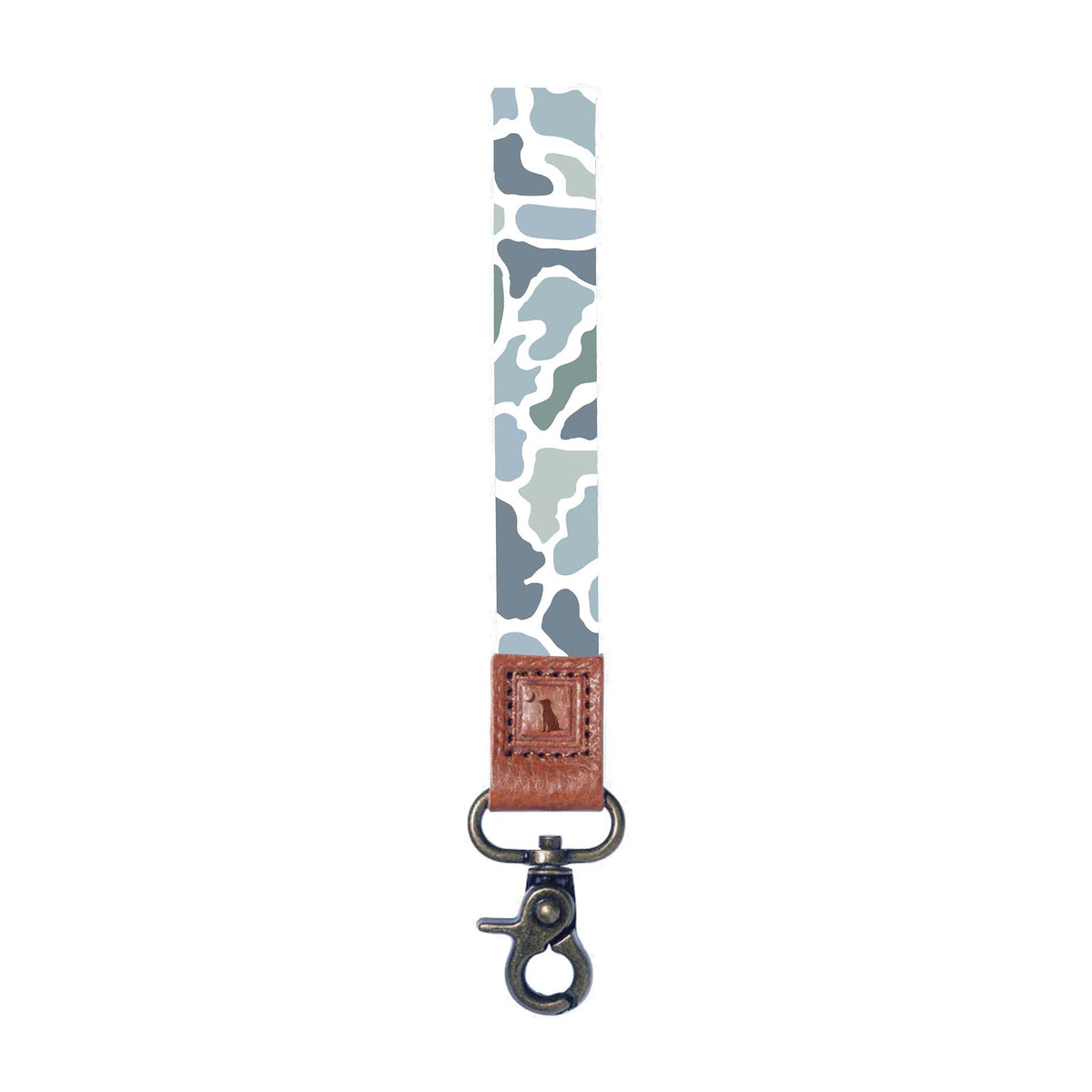 Local Boy keychain with coastal camo pattern in blue and gray, brown leather accent, and metal lobster clasp.