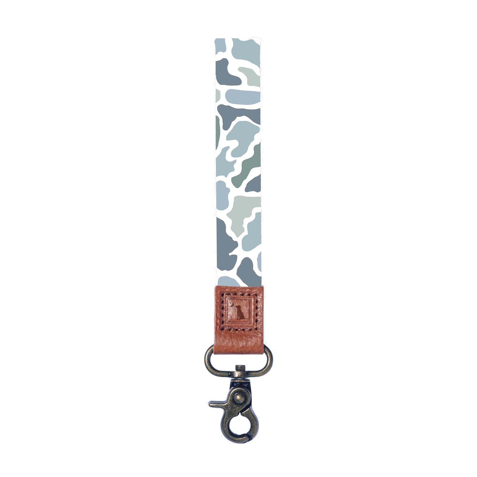 Local Boy keychain with coastal camo pattern in blue and gray, brown leather accent, and metal lobster clasp.