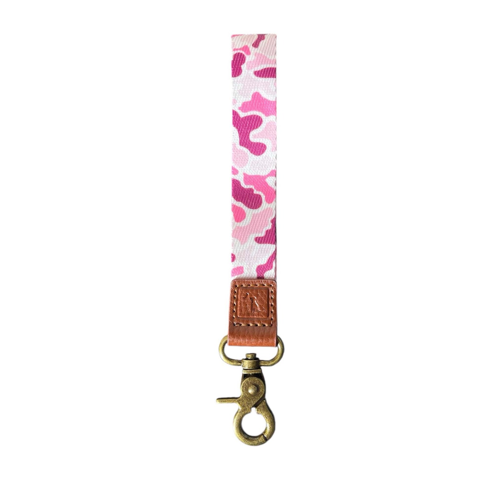 Local Girl Outfitters wristlet keychain in pink camo with brown faux leather trim and brass swivel clasp.
