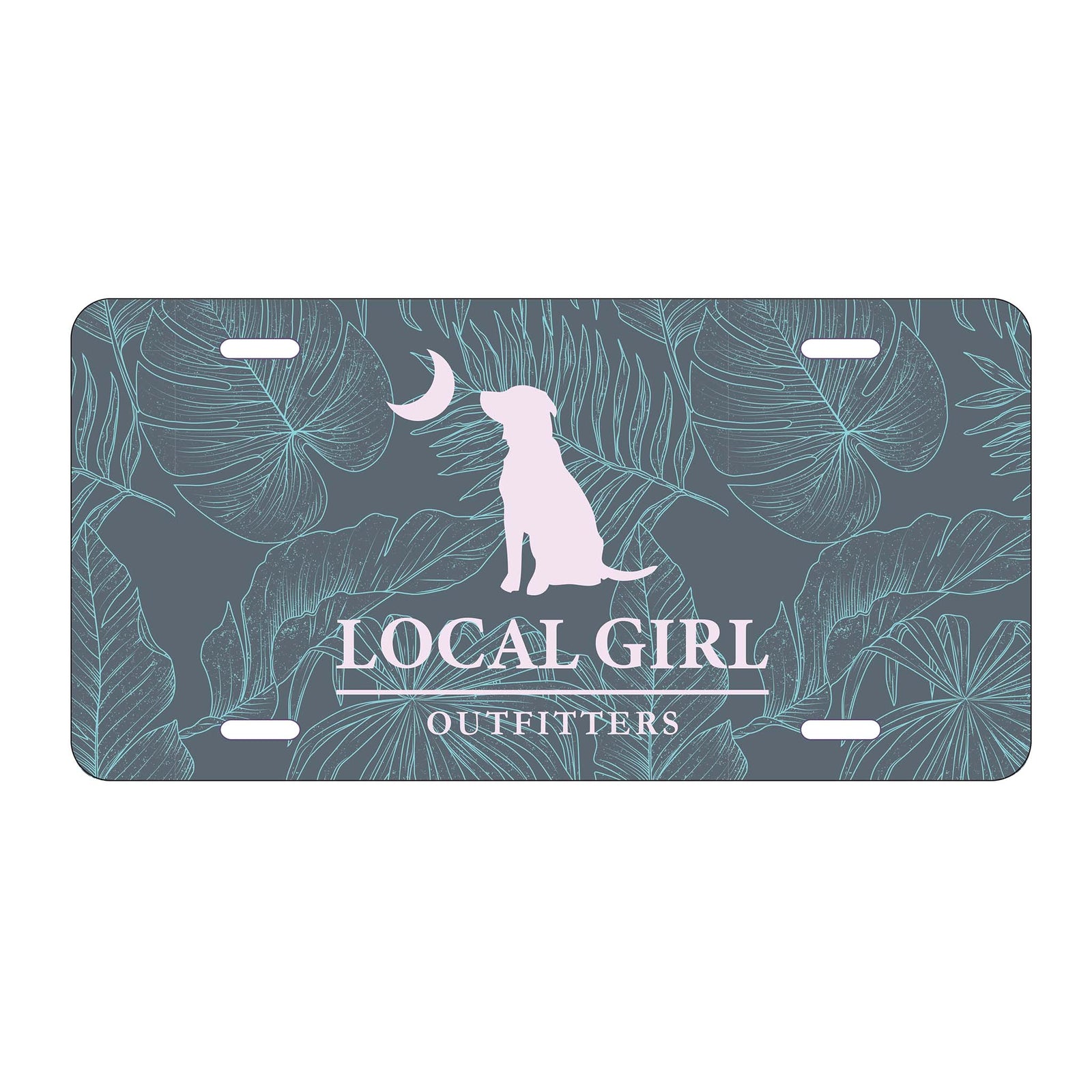 Local Girl Outfitters license plate with pink dog and moon graphic over a blue tropical leaf background and “Local Girl Outfitters” text.
