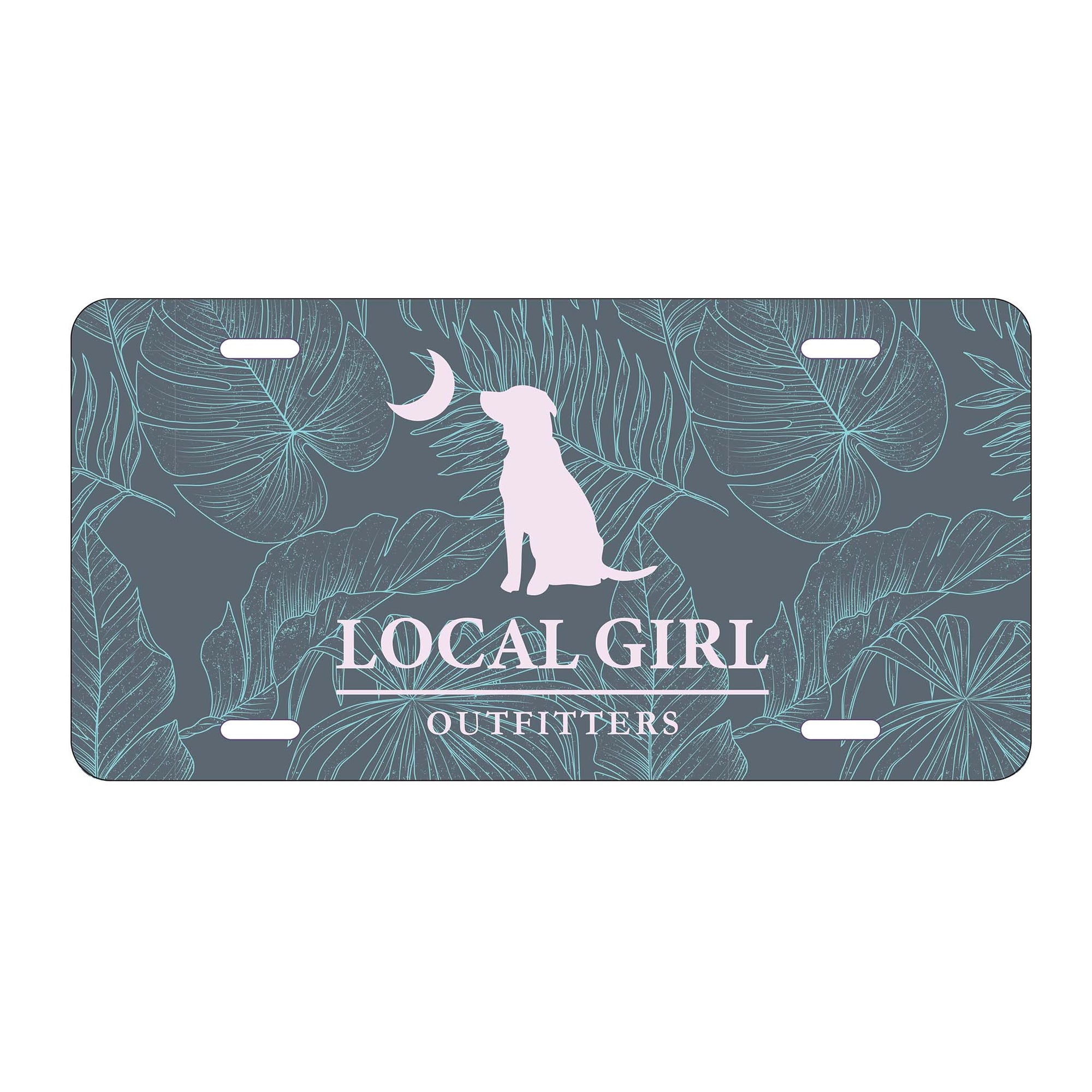 Local Girl Outfitters license plate with pink dog and moon graphic over a blue tropical leaf background and “Local Girl Outfitters” text.