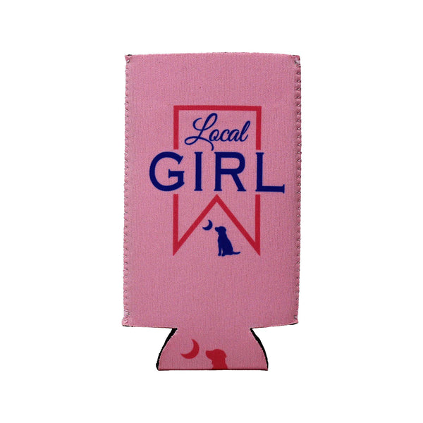 A pink can cooler with 'Local GIRL' text and a logo on it