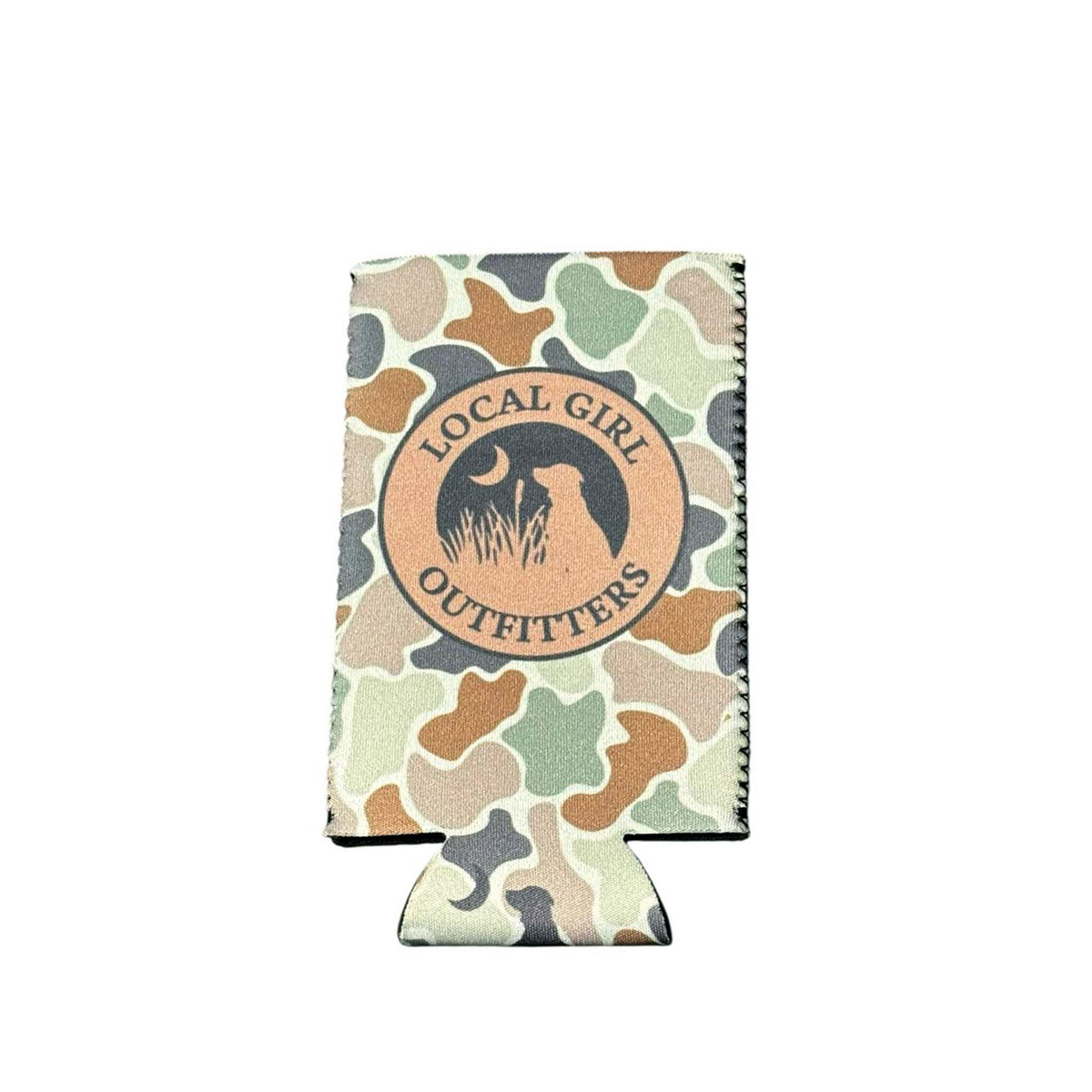 Slim can cooler in brown and green camo pattern with a round Local Girl Outfitters medallion in the middle.