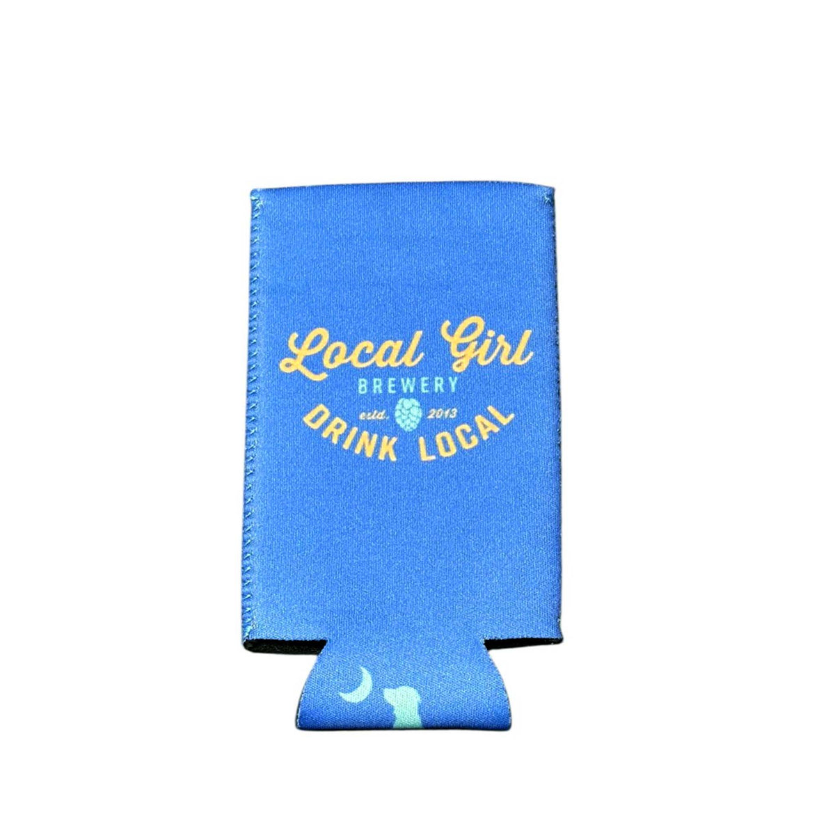 Blue can cooler with “Local Girl Brewery Drink Local” text in yellow and a small hop graphic in the center.