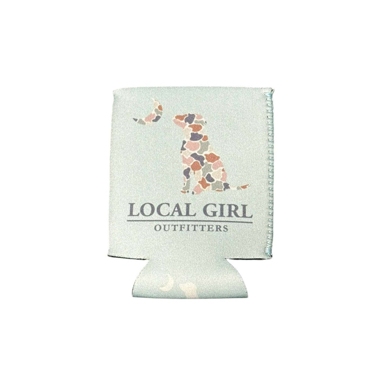 Light green can cooler with a camo dog graphic looking at a crescent moon and “Local Girl Outfitters” text
