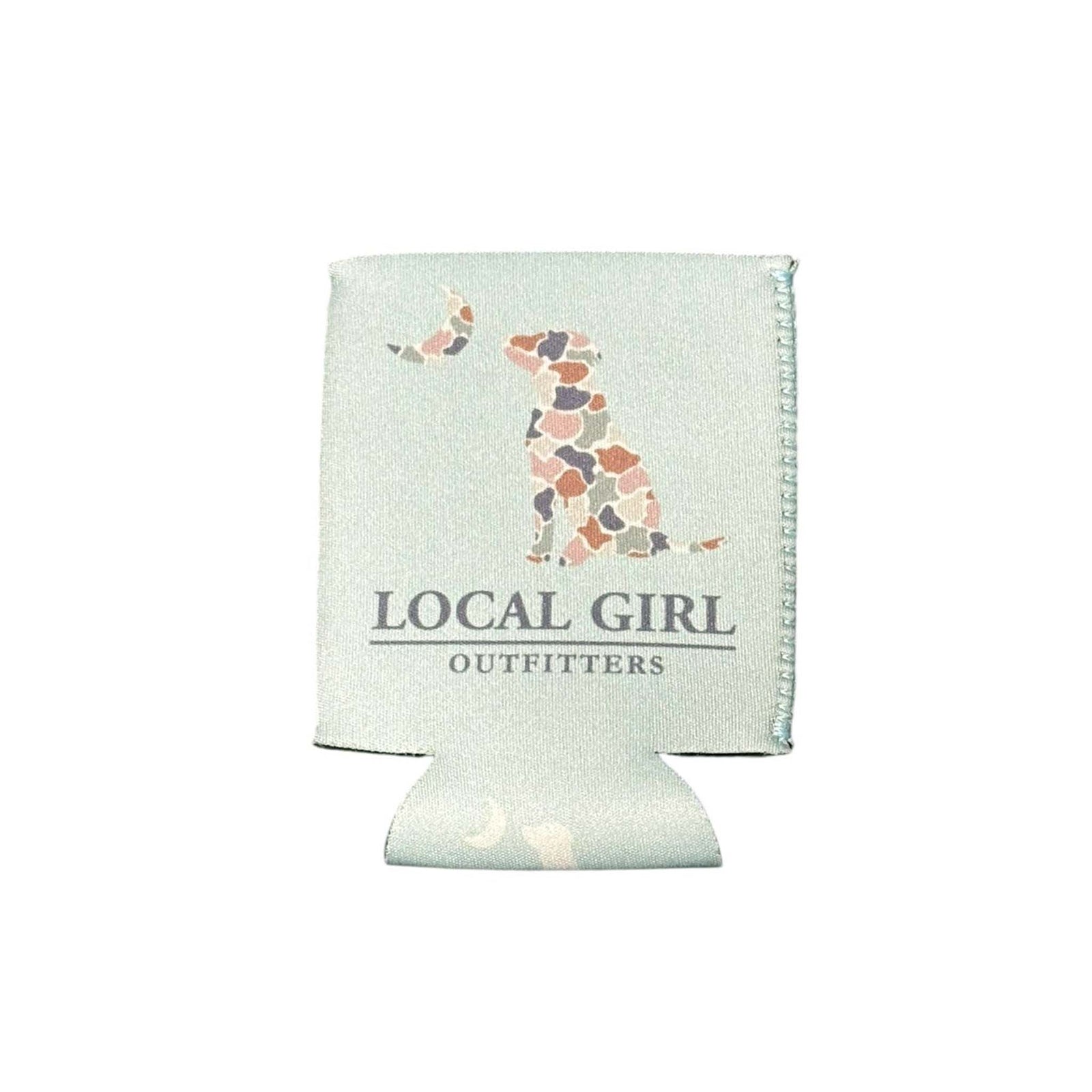 Light green can cooler with a camo dog graphic looking at a crescent moon and “Local Girl Outfitters” text