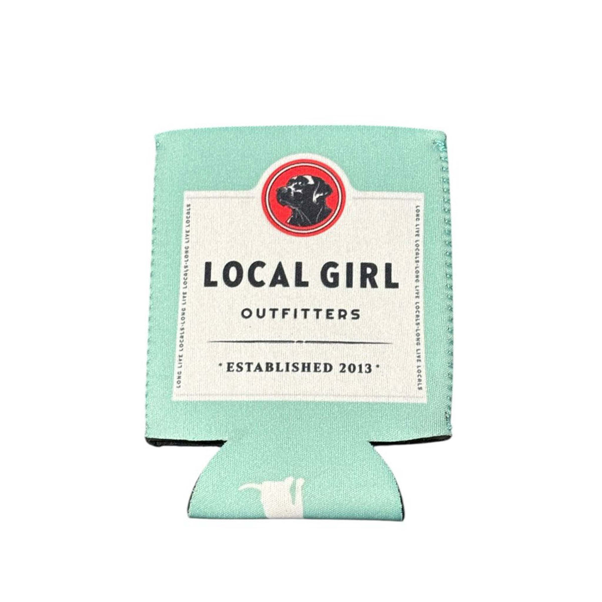 Seafoam green can cooler with vintage-style label design and “Local Girl Outfitters Established 2013” text.