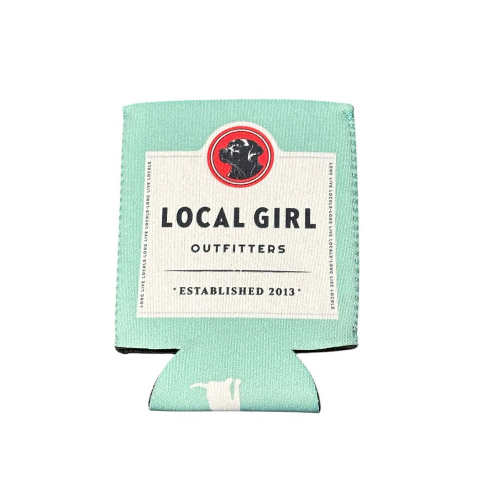Seafoam green can cooler with vintage-style label design and “Local Girl Outfitters Established 2013” text.