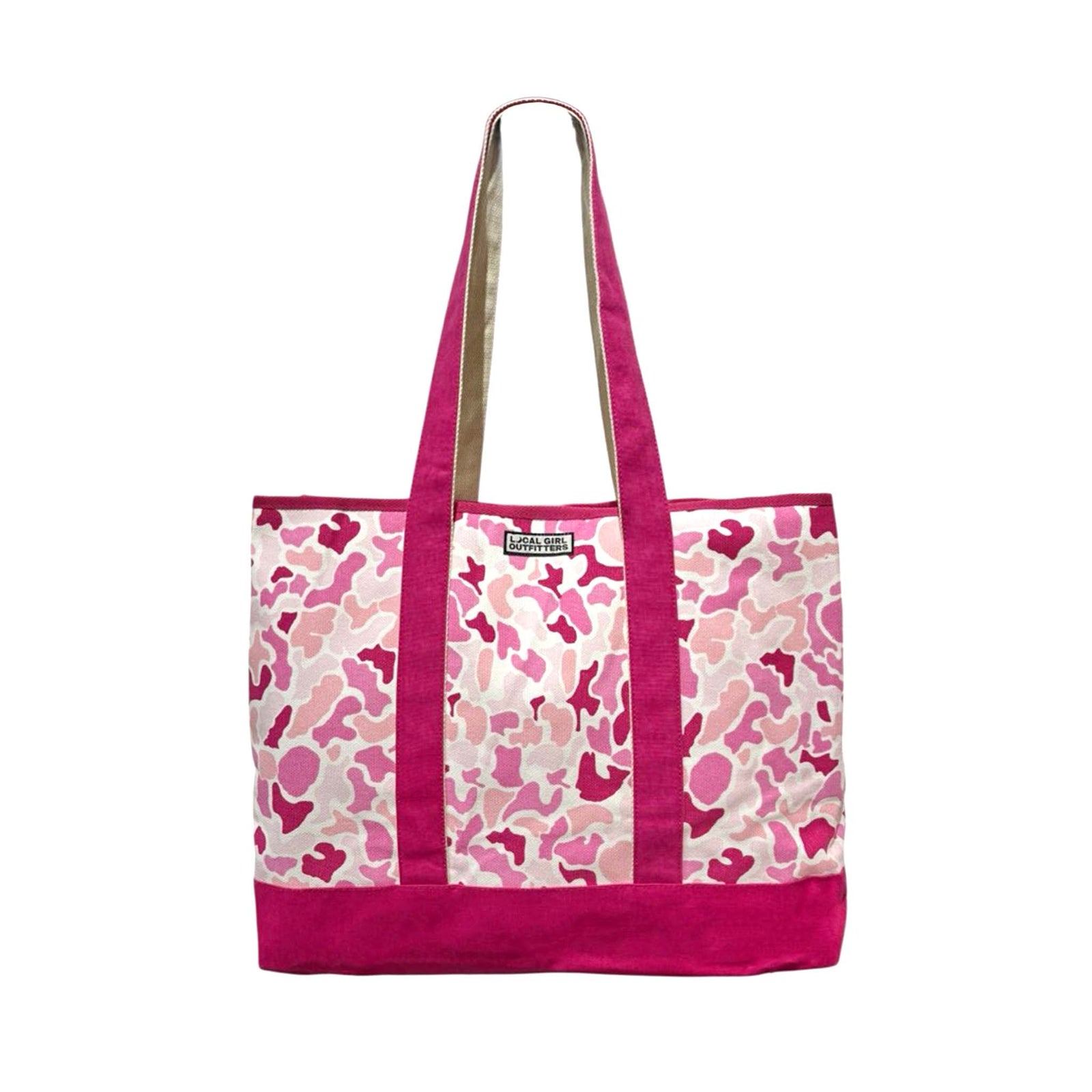 Front angle of a Local girl outfitters canvas tote bag featuring Pink and cream camo body with contrasting pink trim and base.