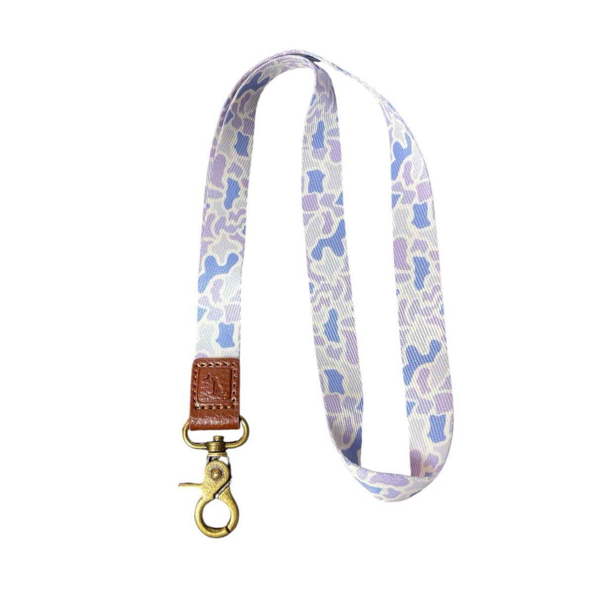 Local Girl Outfitters full lanyard in purple and white camo with brown faux leather trim and brass swivel clasp.