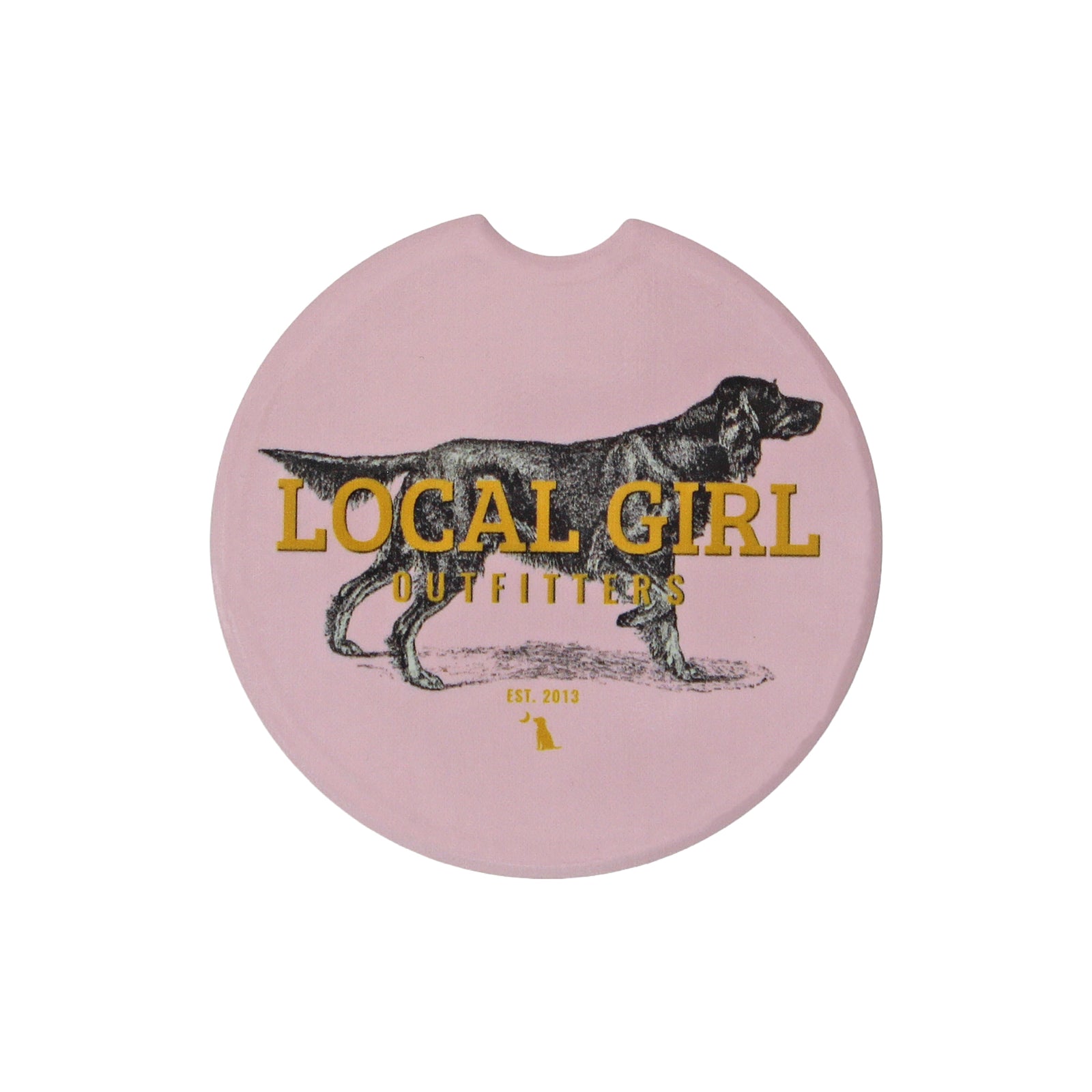 Pink car coaster with a dog illustration and 'Local Girl Outfitters' text on a white background