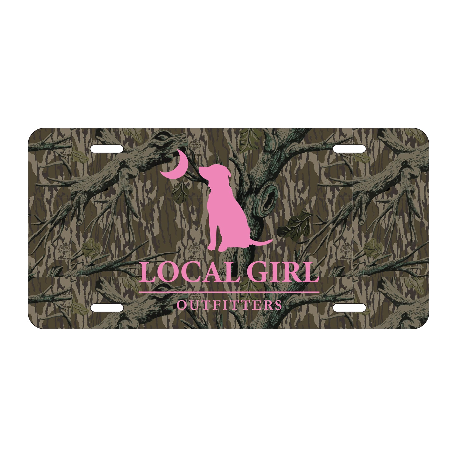 Treestand Camo License Plate with hot pink Local Girl Outfitters logo in the middle shown on a white background.