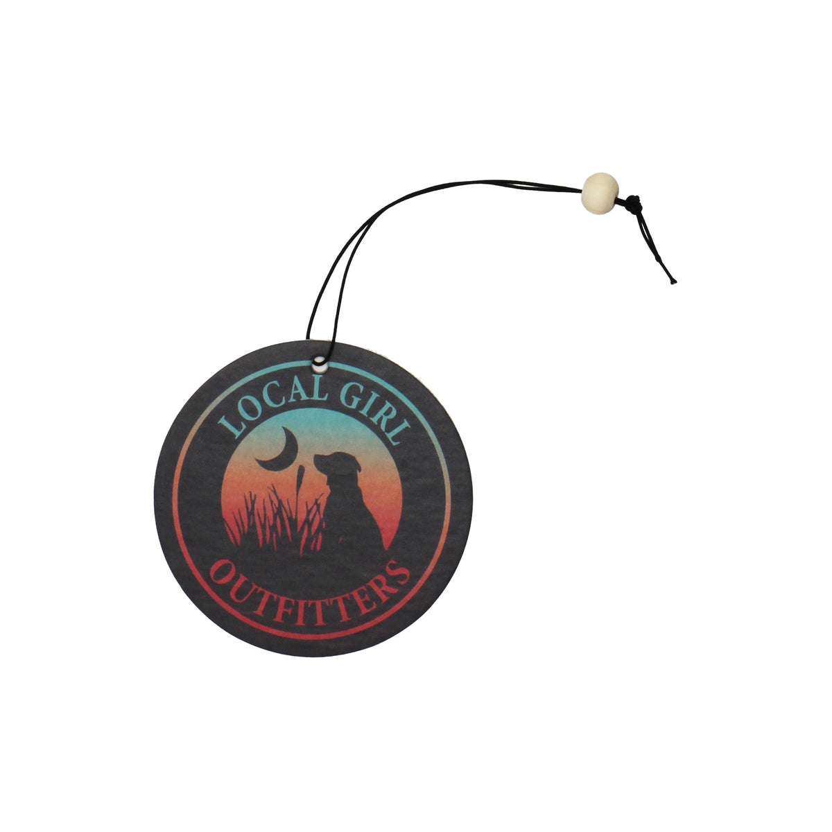 Round air freshener with 'Local Girl Outfitters' branding shown on a white background