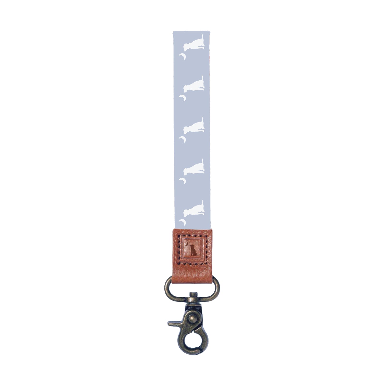 Periwinkle wrist lanyard with white Local Girl Outfitters dog and moon logo with metal clasp shown on a white background.