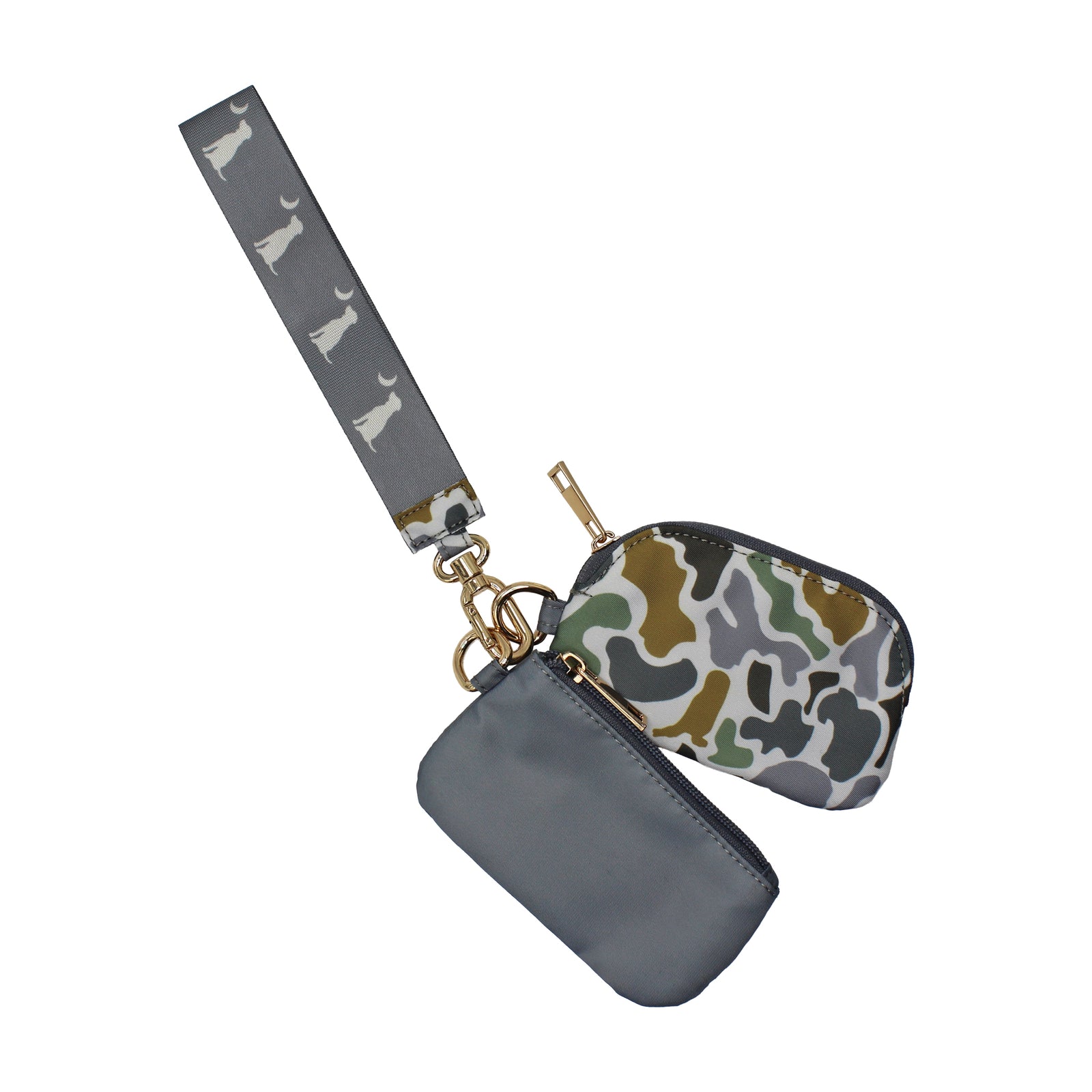 Dual Wristlet in grey and localflage bluff with two detachable zippered pouches and a wrist lanyard for easy use.