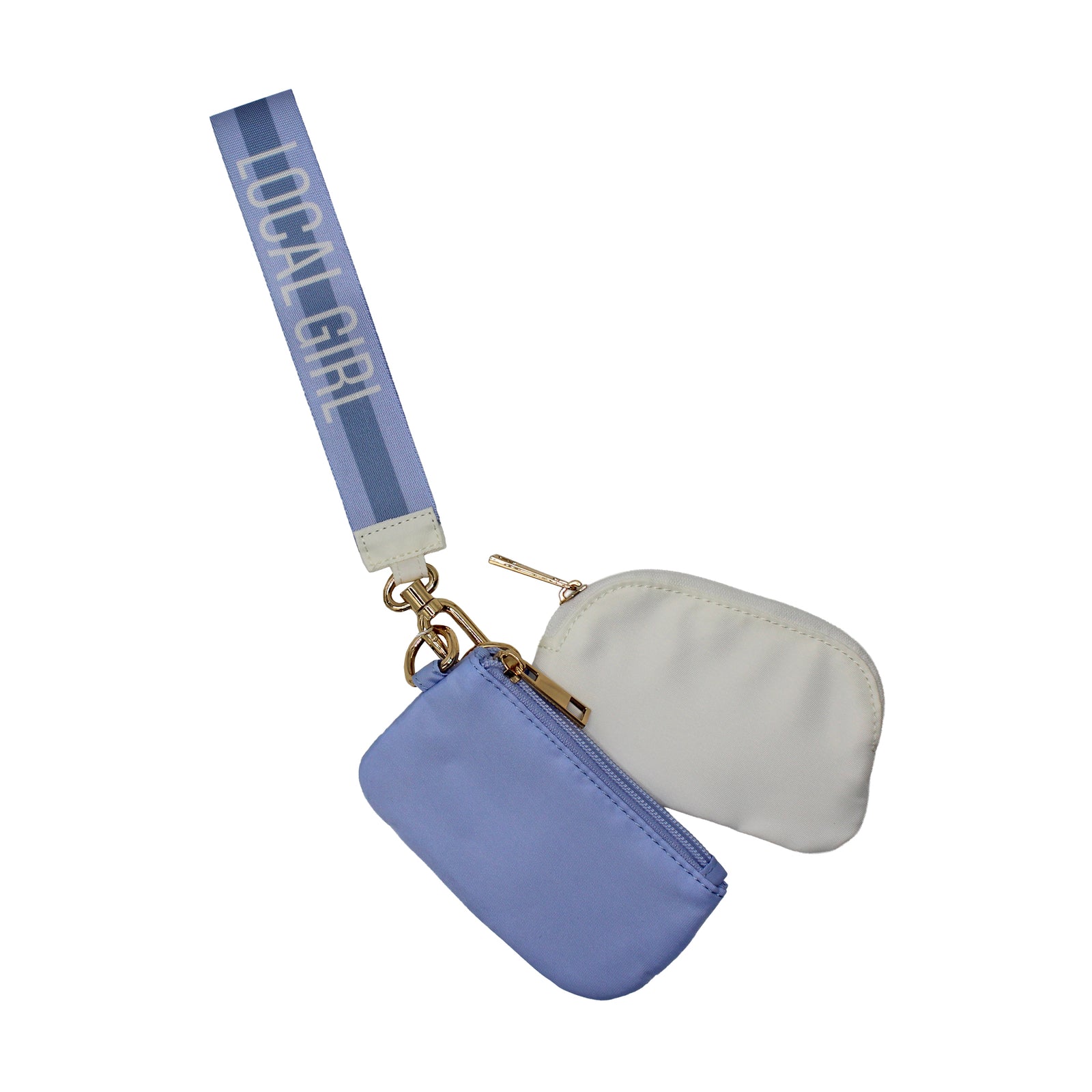 Dual Wristlet in Periwinkle and Grey with two detachable zippered pouches and a wrist lanyard for easy use.