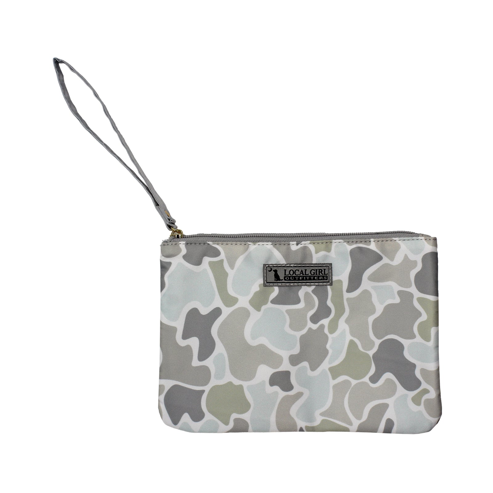 local girl outfitters Strap Wristlet in Saltwater Camo with strap for carrying and a zippered closure