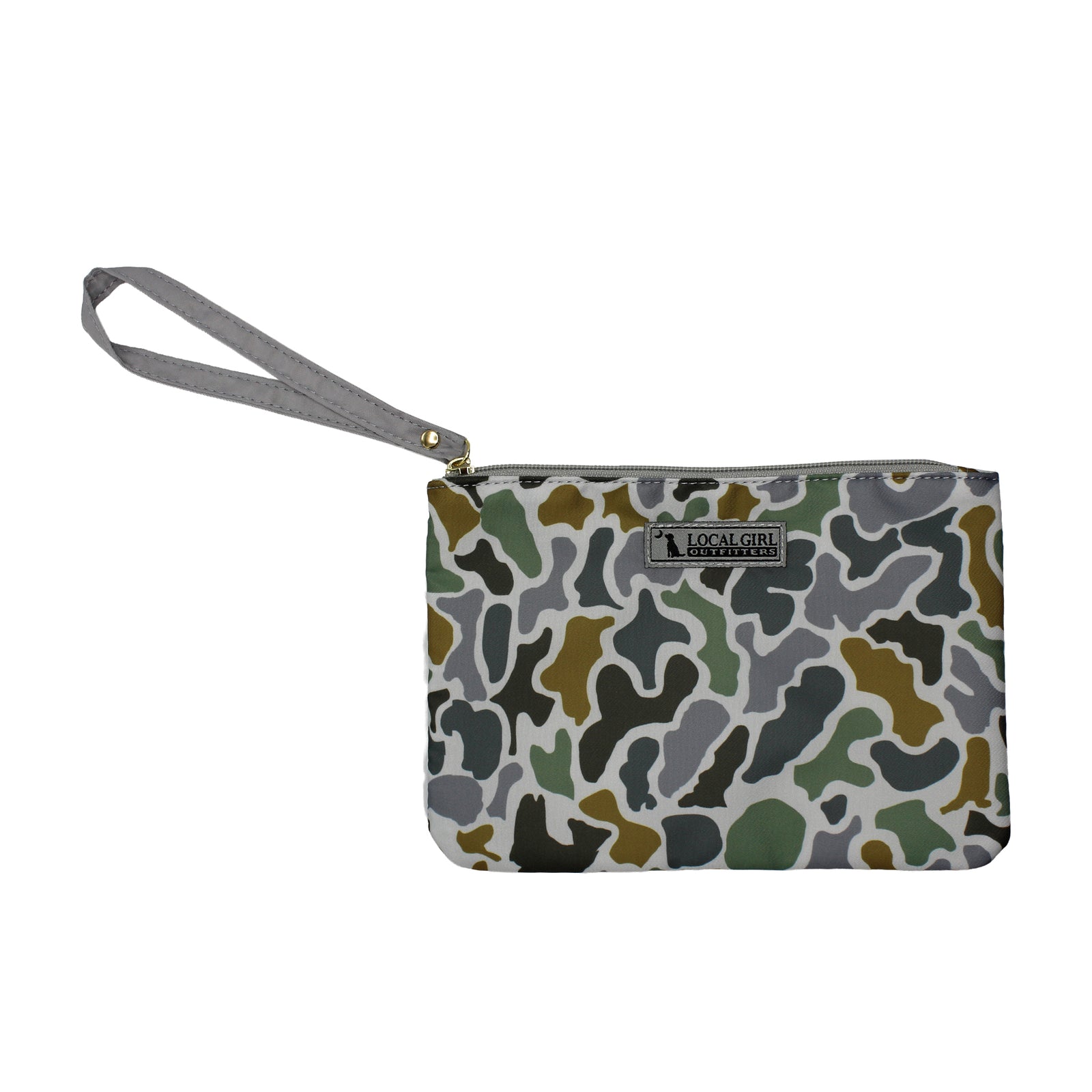 local girl outfitters Strap Wristlet in localflage camo with strap for carrying and a zippered closure for easy on the go use.