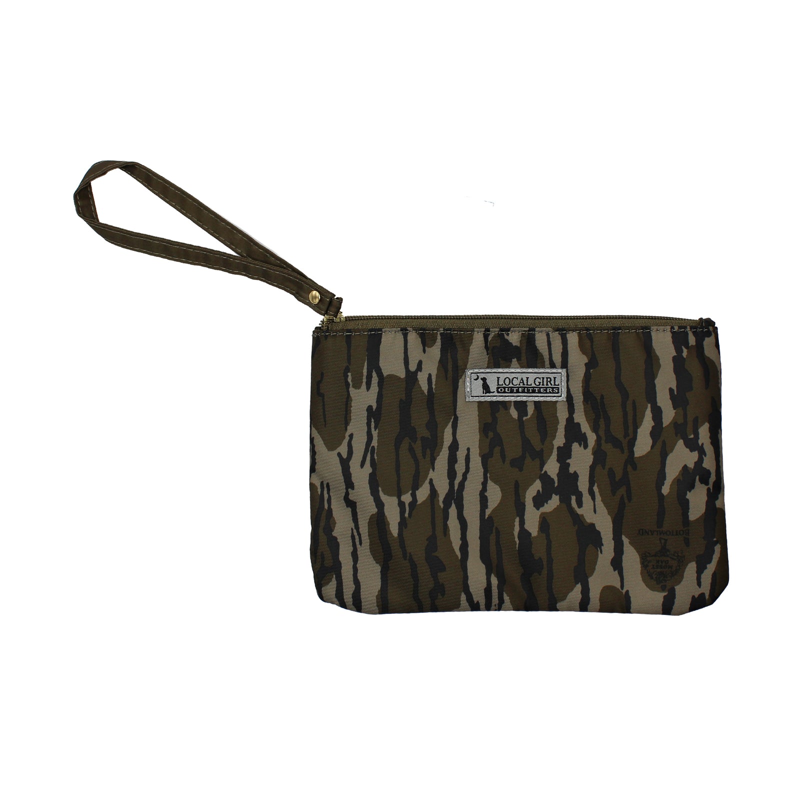 local girl outfitters Strap Wristlet in original bottomland camo with strap for carrying and a zippered closure for easy on the go use.