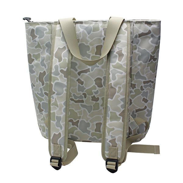 Camouflage-patterned bag with straps on a white background