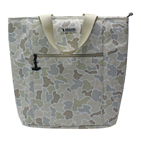 Camouflage-patterned tote bag with a visible brand label on a white background