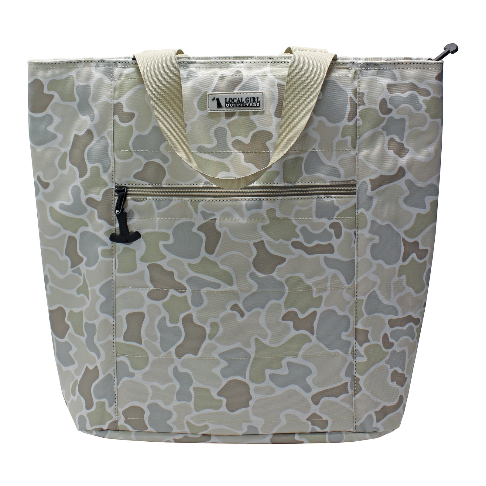 Camouflage-patterned tote bag with a visible brand label on a white background
