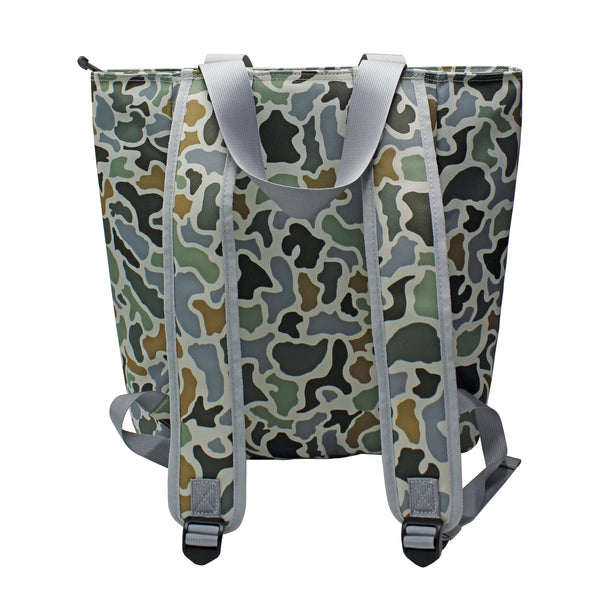 Camouflage-patterned backpack with gray straps on a white background
