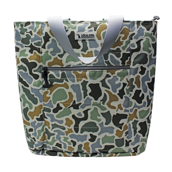 Camouflage-patterned bag with a visible brand label on a white background