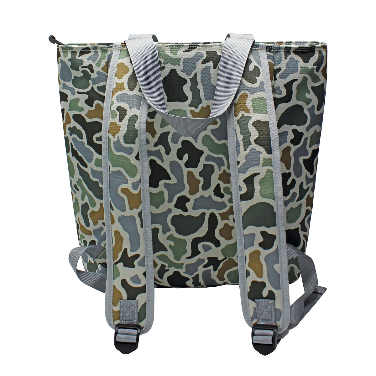 Camouflage-patterned backpack with gray straps on a white background