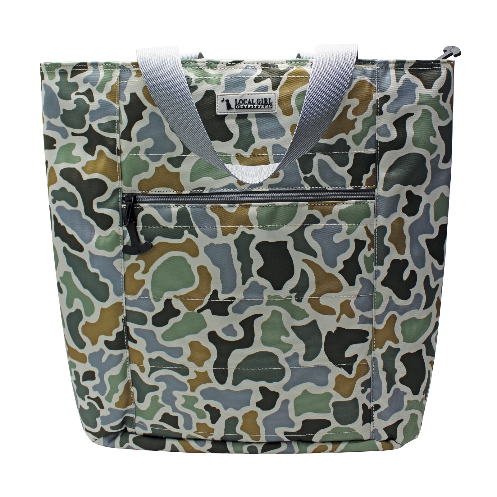 Camouflage-patterned bag with a visible brand label on a white background