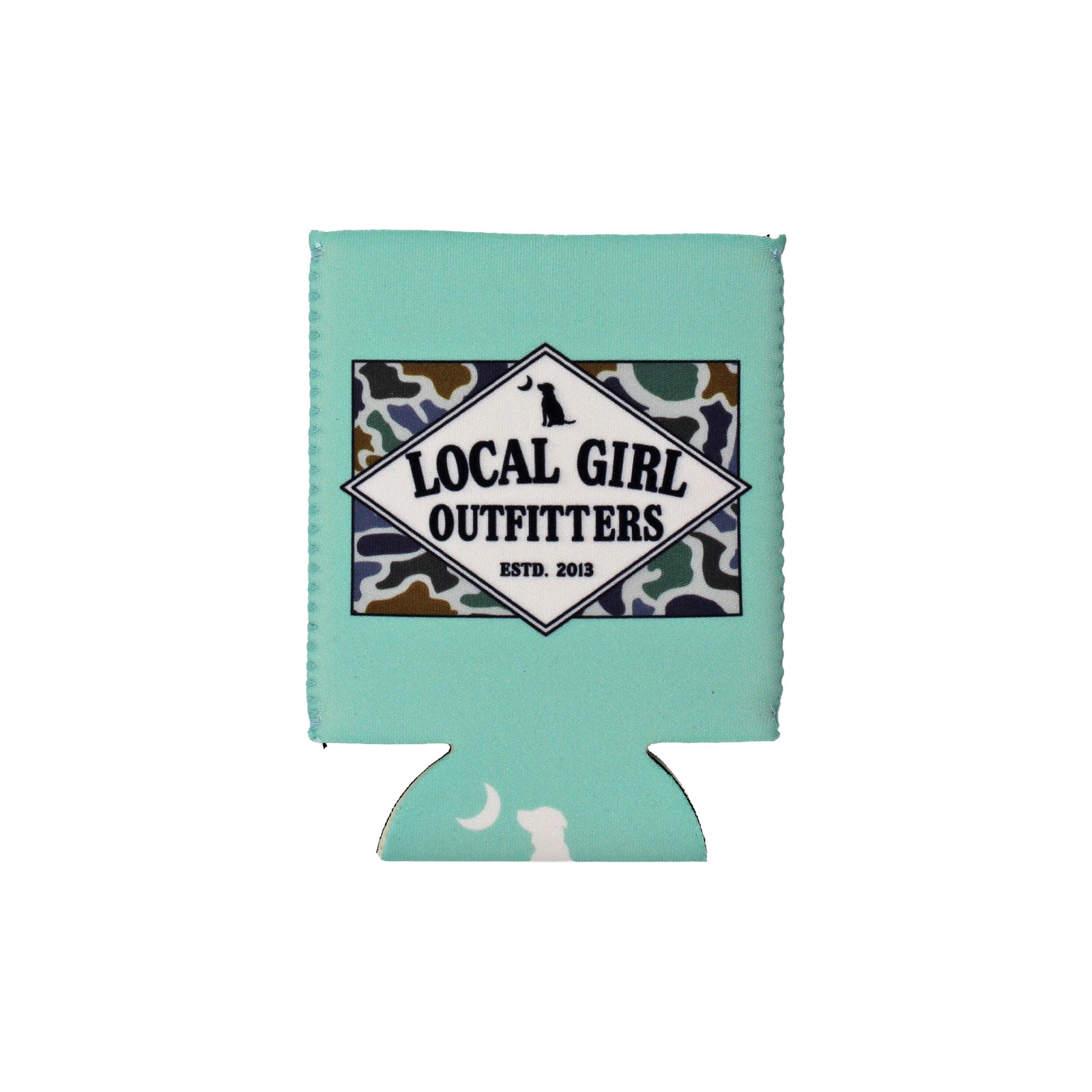 Mint green can cooler with 'Local Girl Outfitters' logo on a white background