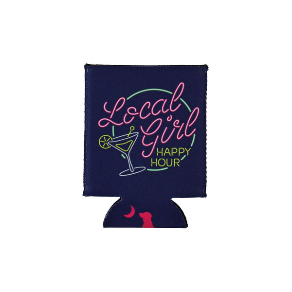 Navy blue can cooler with 'Local Girl Happy Hour' text and graphics on a white background