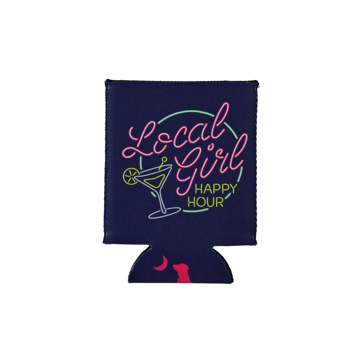 Navy blue can cooler with 'Local Girl Happy Hour' text and graphics on a white background