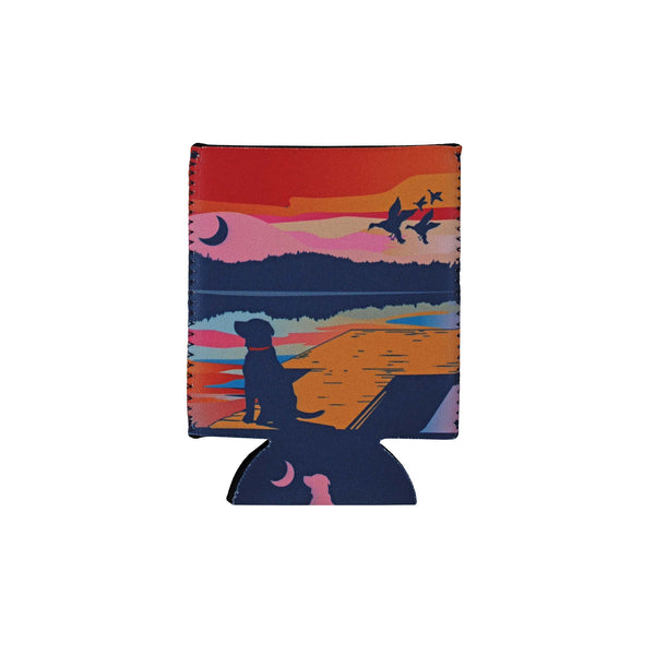 regular Can cooler with a sunset design featuring a dog and birds on a white background