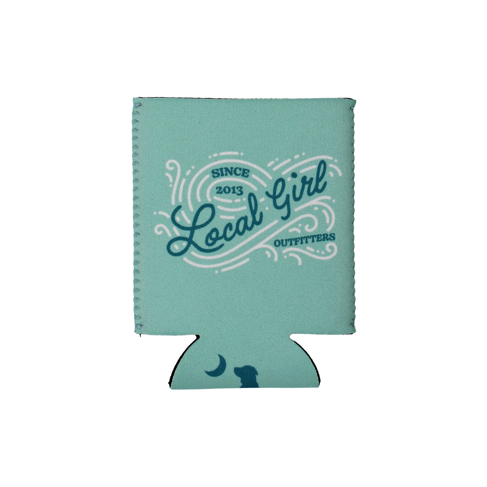 Teal can cooler with 'Local Girl Outfitters' branding on a white background