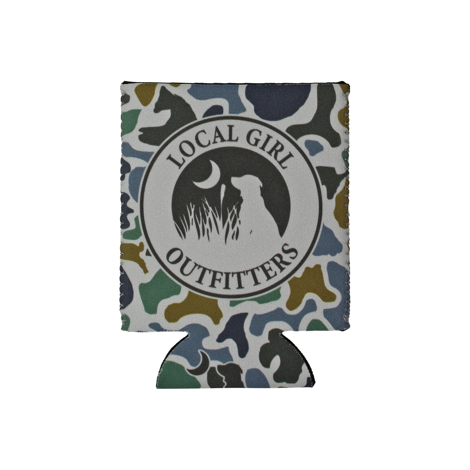Camouflage can cooler with 'Local Girl Outfitters' logo on a white background