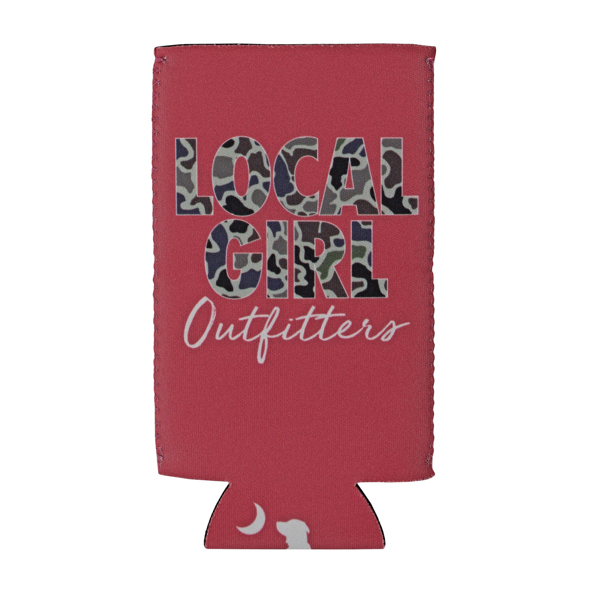 Pink can cooler with 'LOCAL GIRL Outfitters' text on a white background