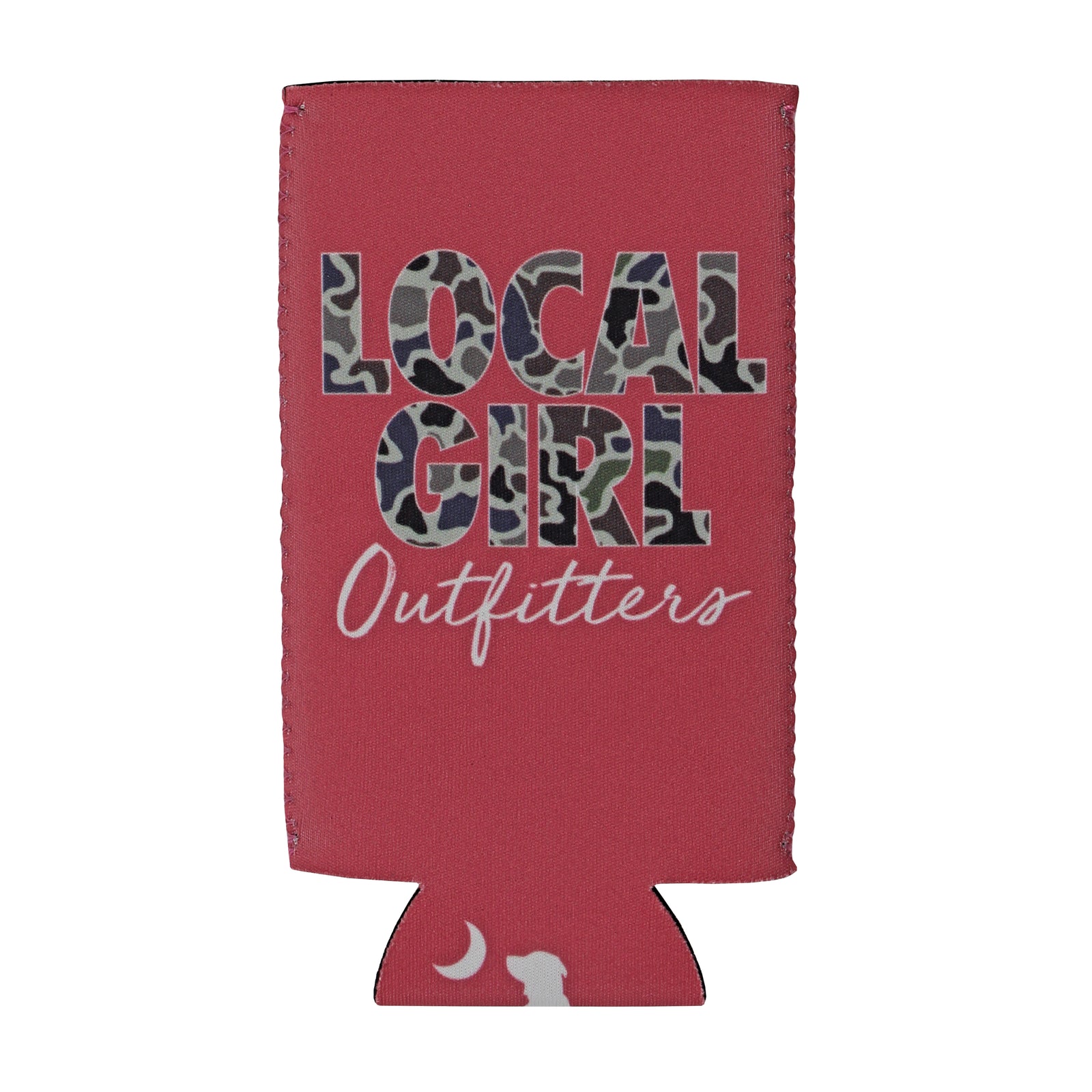 Pink can cooler with 'LOCAL GIRL Outfitters' text on a white background