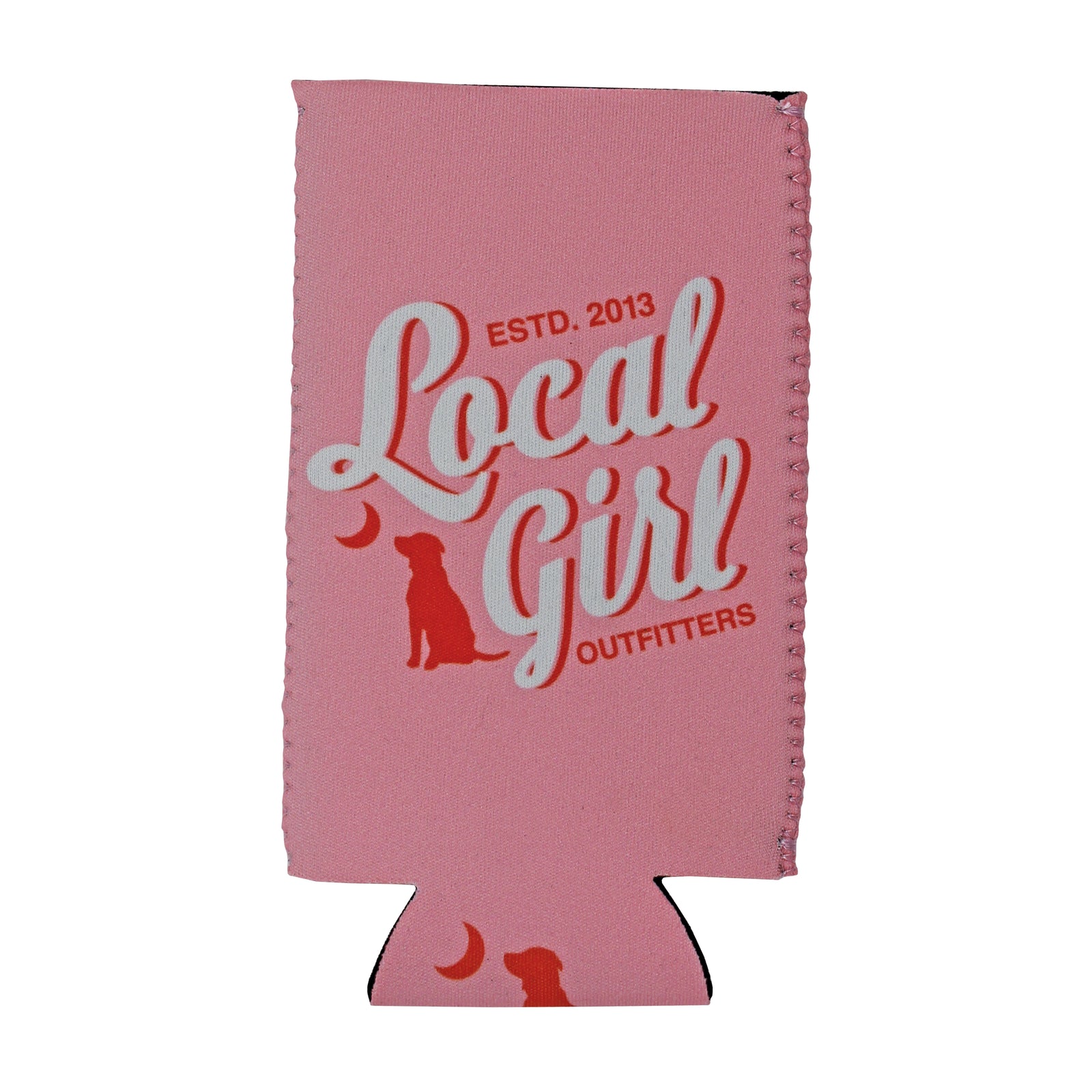 Pink Slim Can Cooler with Script Logo in white by Local Girl Outfitters