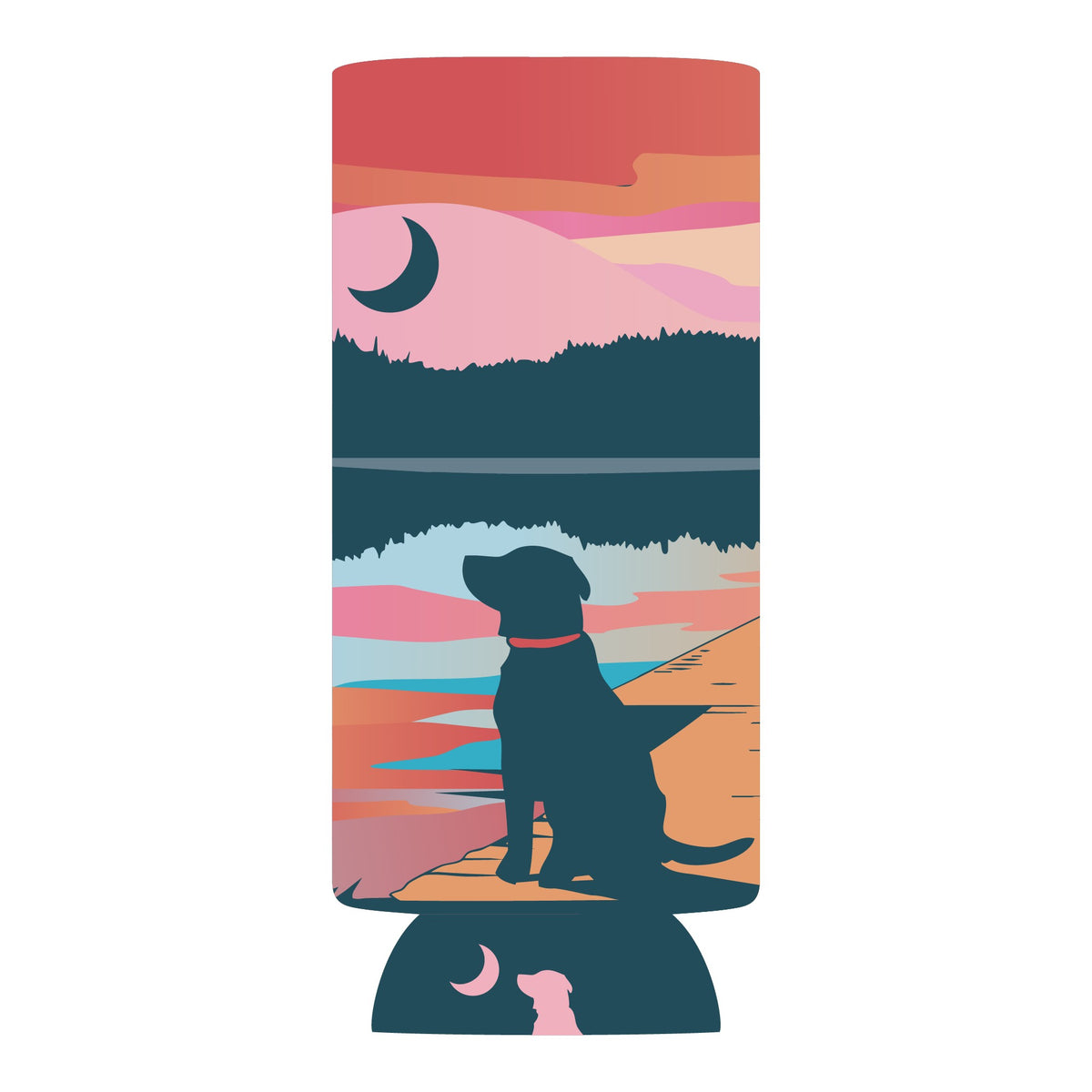 Can cooler with dog sitting on a dock graphic. 
