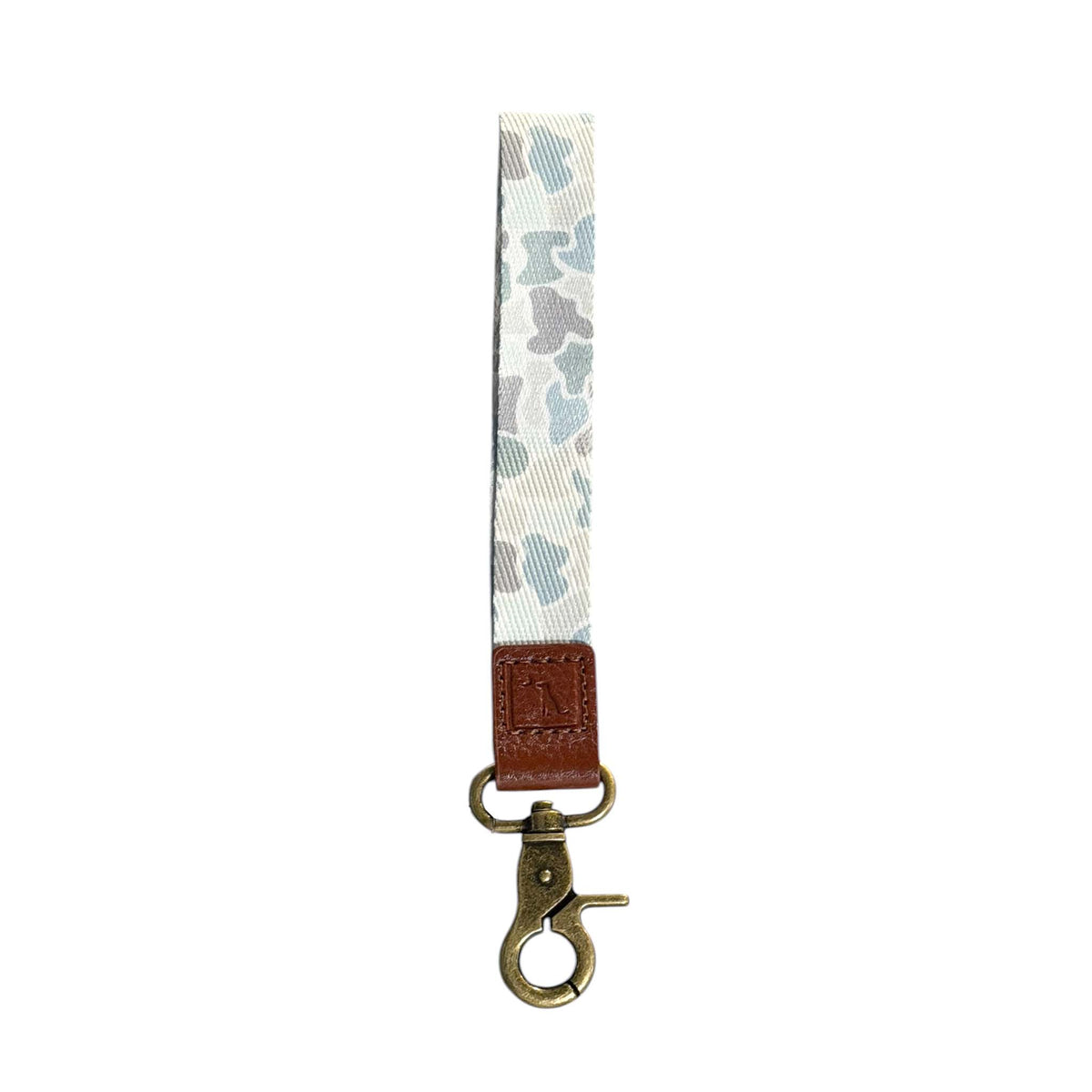 Local Girl Outfitters Wrist Lanyard in Saltwater Camo with metal clasp shown on a white background.