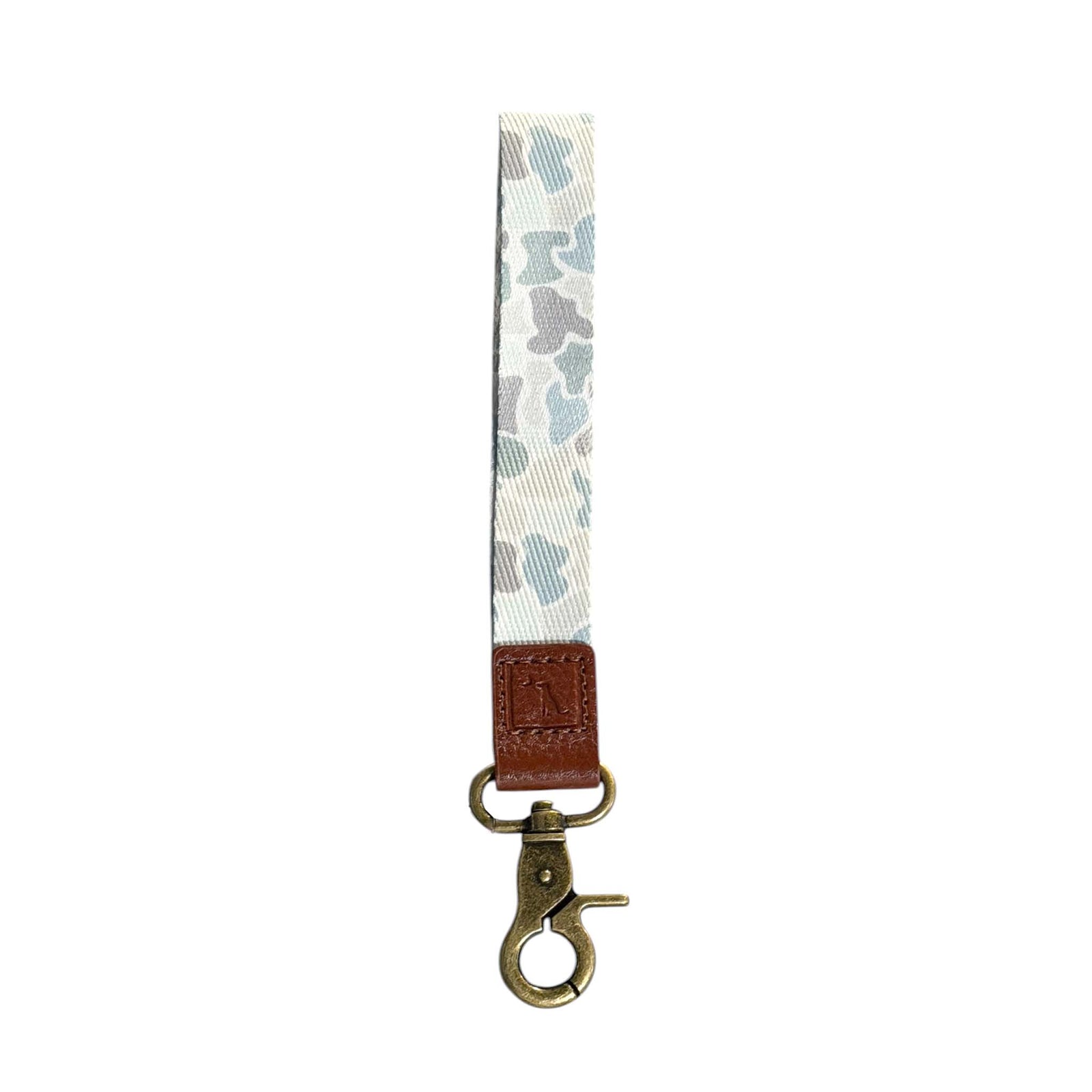 Local Girl Outfitters Wrist Lanyard in Saltwater Camo with metal clasp shown on a white background.