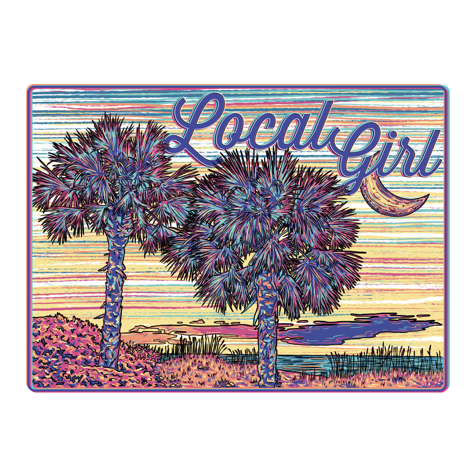Local Girl Outfitters Palm Sunset Sketch Decal shown on a white background