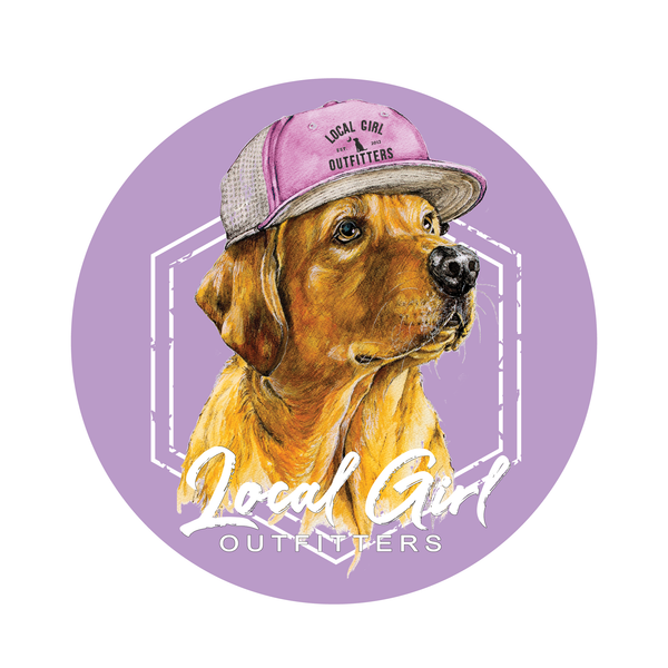 Decal sticker with a yellow lab wearing a pink cap with 'Local Girl Outfitters' branding on a purple circle background