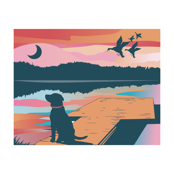 Decal Sticker with an Illustration of a dog on a dock with a colorful landscape and birds flying shown on a white background.
