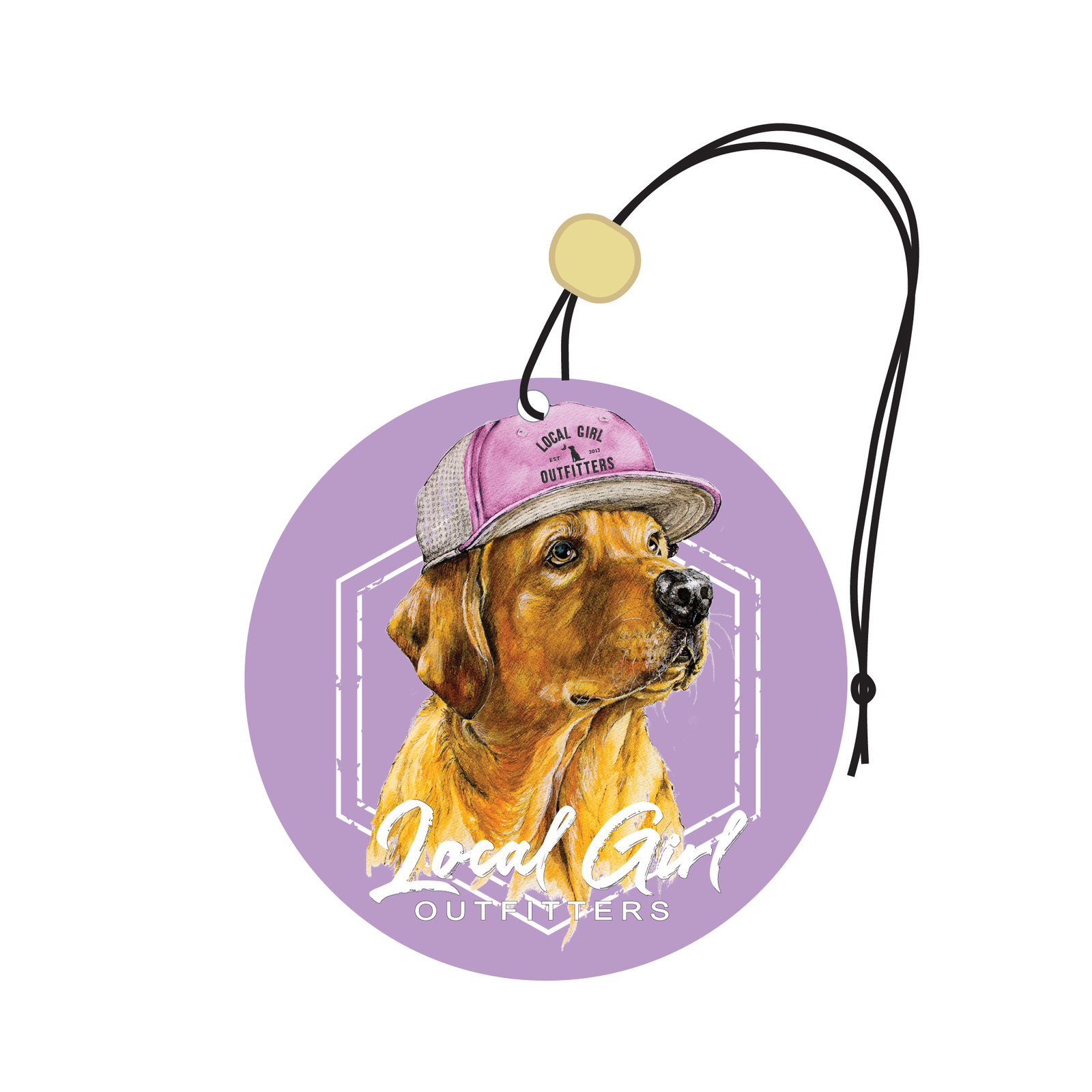 Dog air freshener with a purple circle and 'Local Girl Outfitters' branding on a white background.