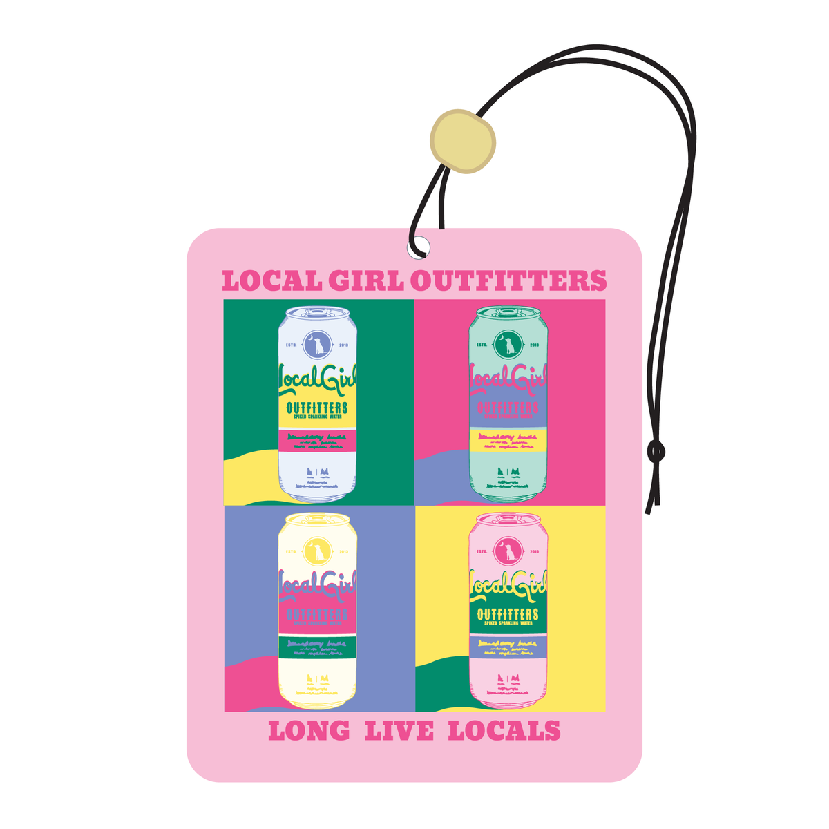 Car air freshener with 'Local Girl Outfitters' branding and brightly colored drink cans on a pink background.
